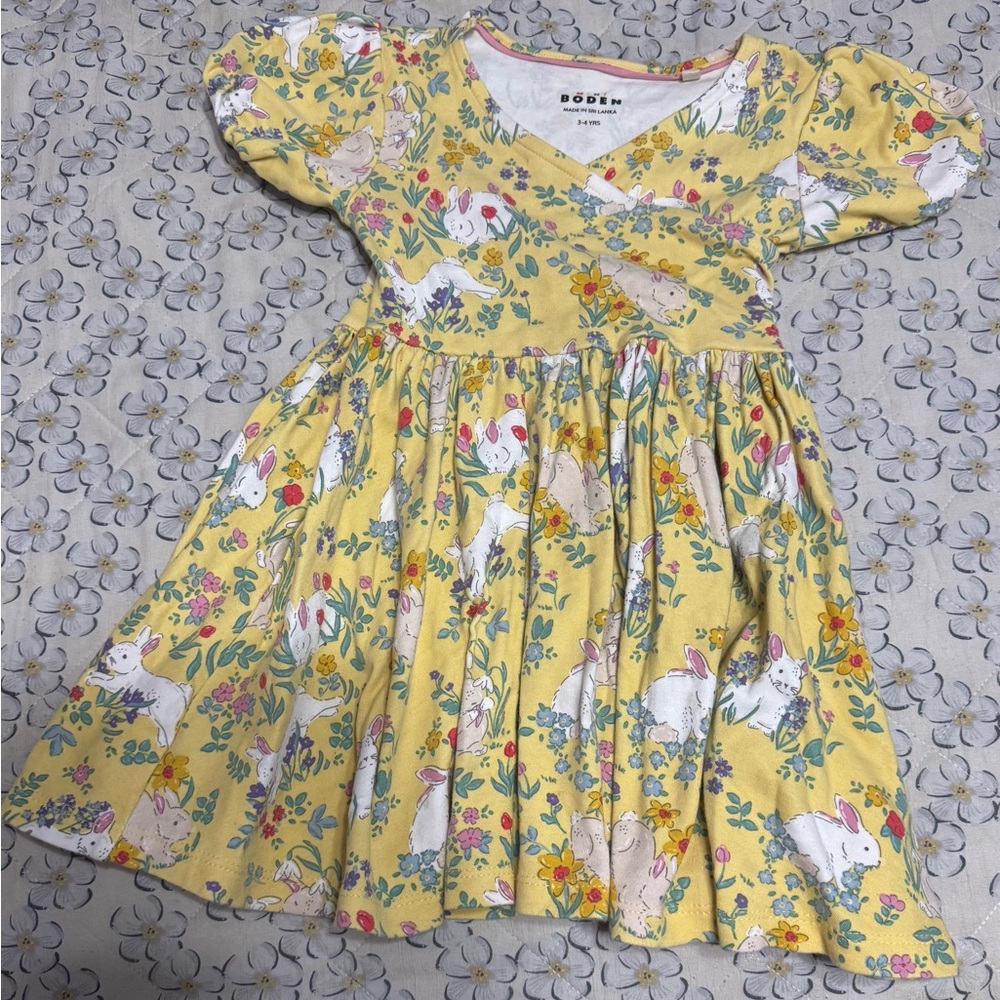Mini Boden Twirly Ballerina Dress Spring Yellow Bunny Girls Size 3-4 Years